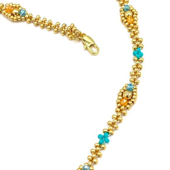 Hand Crafted Gold and Blue Floral Pendant Necklace - Picture 6 of 10